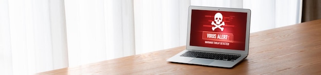 A computer screen displaying a warning message about online security threats. The message is highlighted in red and the background shows abstract digital patterns.