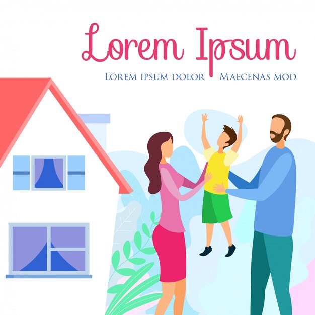 A family happily receiving keys to their new house with a Minha Casa Minha Vida banner in the background.