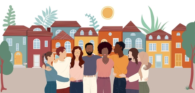 A group of people standing in a circle, holding hands, with a backdrop of houses and trees, symbolizing community togetherness and vision.
