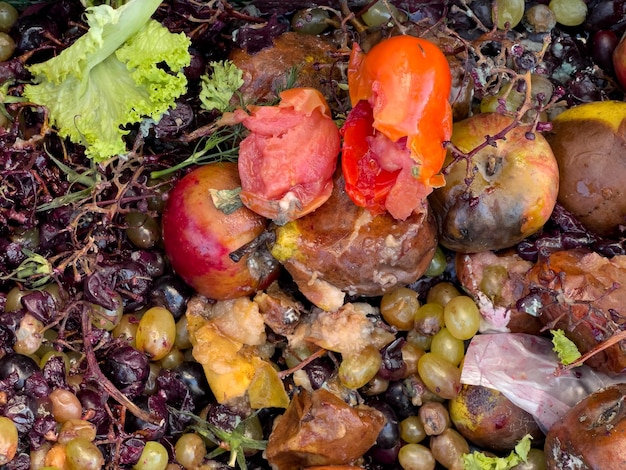 A close-up shot of discarded fruits and vegetables in a landfill, highlighting the issue of food waste and its environmental impact. The image emphasizes the need for better waste management practices.