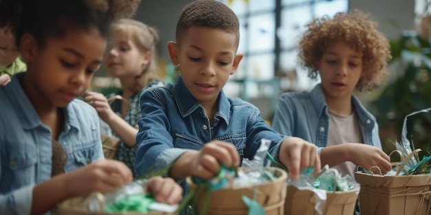 Children participating in a hands-on recycling workshop, learning about sorting waste and the benefits of recycling through interactive games and activities, with a focus on environmental education.