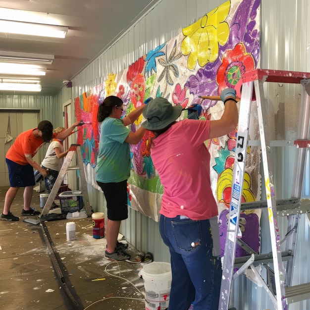 Children participating in an after-school community art program, painting colorful murals on a wall, guided by adult volunteers, showcasing teamwork and creativity.