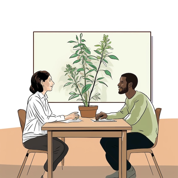 Two people sitting at a table, facing each other, with a mediator sitting between them. The mediator is listening attentively and taking notes, while the two people are gesturing and talking, indicating a conflict resolution process.