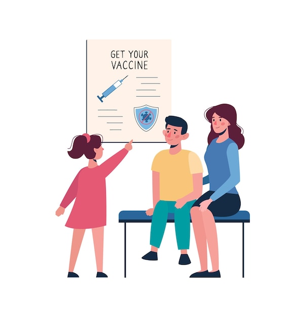 A mother taking her child to a health clinic for vaccinations, with a sign indicating Bolsa Família services available.