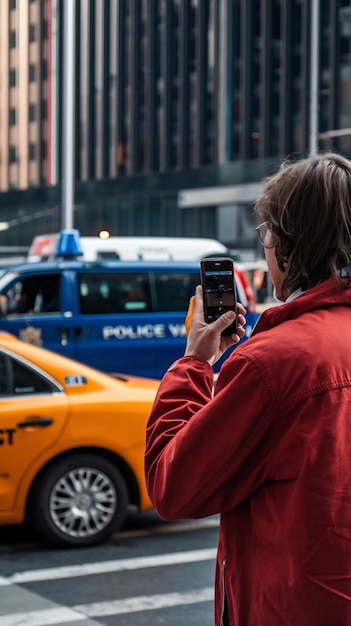 A person holding a smartphone up to a police officer during a traffic stop. The smartphone screen clearly displays a digital driver's license. The setting is a sunny day on a city street with cars passing in the background.