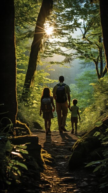 A family hiking in a lush green forest during the summer, with sunlight filtering through the trees. The parents smile as their children explore the trail ahead, surrounded by vibrant foliage and the sounds of nature.