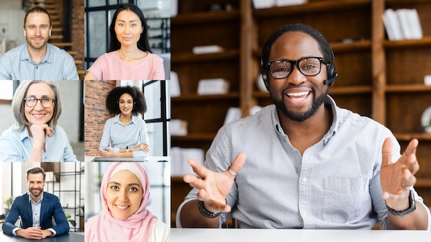 A diverse group of people participating in a virtual meeting on a video call, representing the collaborative nature of remote work. The scene is well-lit and professional, with each participant in a clear and focused setting.
