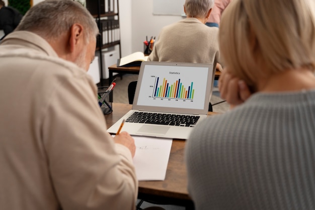 A close-up of a graph showing the increasing trend of retirement age over the years, overlaid on top of a blurred image of a financial advisor consulting with a client.