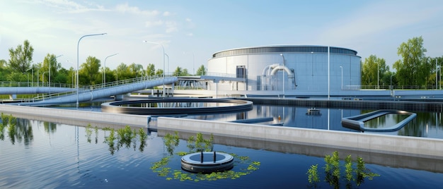 A modern water treatment plant with state-of-the-art technology and clean architecture, surrounded by green spaces.