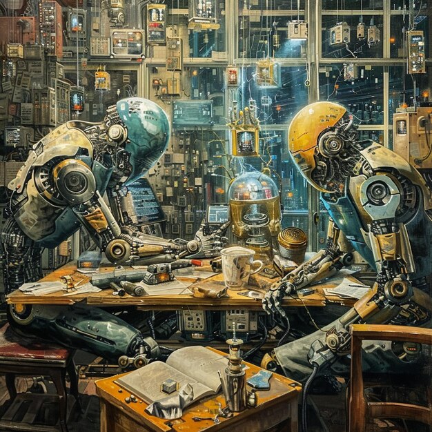A digital artwork depicting robots collaborating with human workers in a modern factory setting in Brazil, highlighting the theme of AI and human workforce collaboration.