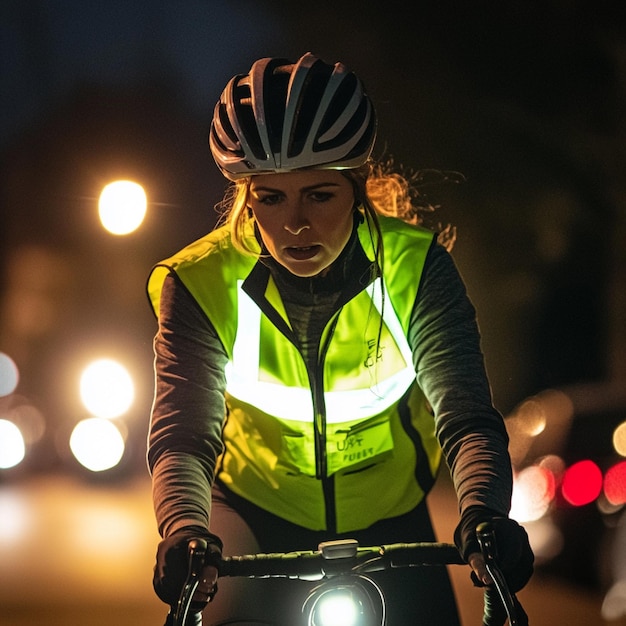A close-up photo of a person wearing a helmet and reflective vest while riding an electric scooter on a designated bike lane, with blurred city traffic in the background. The scene emphasizes safety and compliance with traffic regulations.