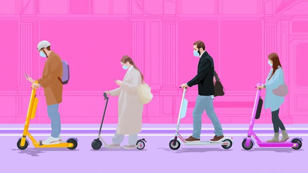 A digital illustration showing a comparison between the current chaotic scene of electric scooters parked haphazardly on a sidewalk and a future organized scene where scooters are neatly parked in designated parking zones, with clear signage and markings.