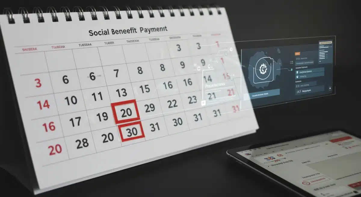 Calendário de pagamentos do Auxílio Brasil com datas destacadas e um tablet exibindo o portal de consulta de benefícios.