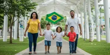 Família feliz no parque, simbolizando o impacto positivo do Auxílio Brasil.