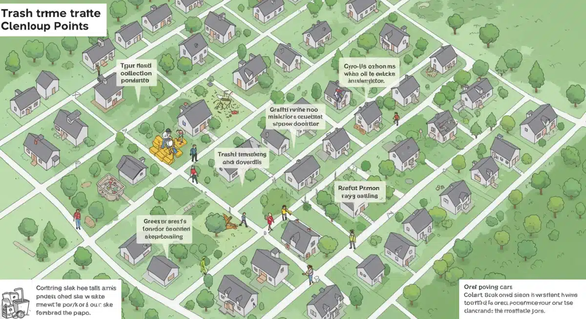 Mapa detalhado de um bairro com pontos estratégicos marcados para um mutirão de limpeza, indicando áreas de coleta e tarefas específicas para os voluntários.