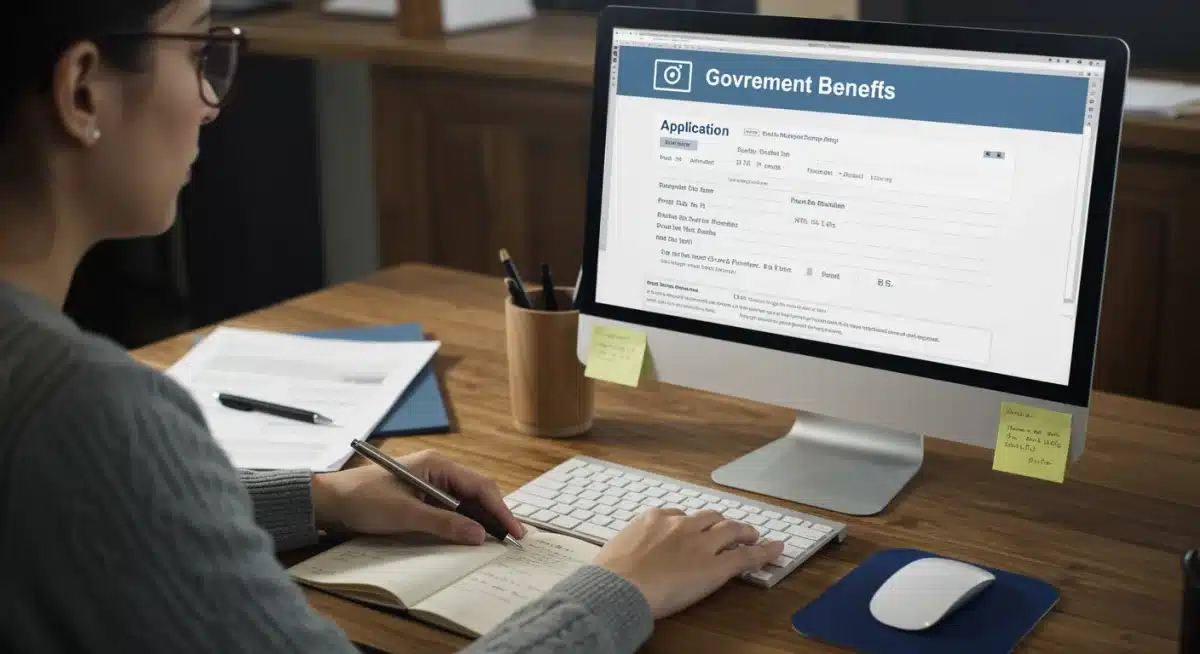 Pessoa preenchendo formulário online para solicitação de auxílio social.