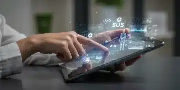 Pessoa acessando dados do SUS online em tablet com interface futurista em 2026