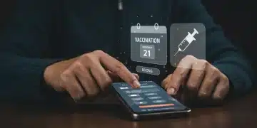 Pessoa agendando vacinação online em smartphone, com ícone de calendário e seringa.