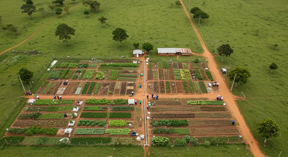 Vista aérea de um projeto de agricultura sustentável em uma região vulnerável do Brasil, com hortas comunitárias e pessoas trabalhando em conjunto para garantir a segurança alimentar.