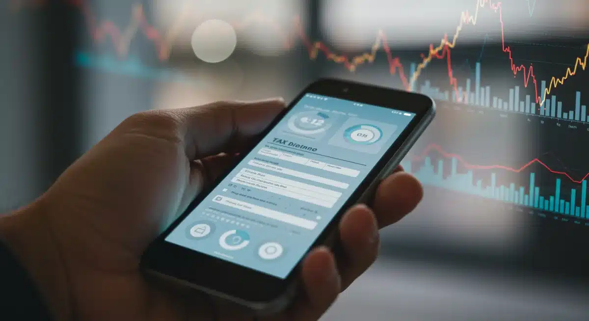 Mão segurando smartphone com aplicativo de Imposto de Renda, com gráficos financeiros ao fundo.