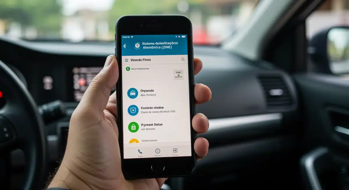 Tela de smartphone exibindo o aplicativo SNE com informações de multas e pagamentos.