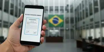 Pessoa emitindo atestado de antecedentes criminais pelo celular, com tela exibindo o documento digital.
