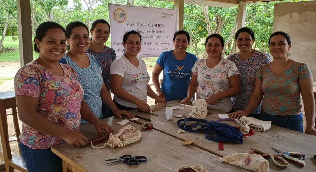 Mulheres em uma comunidade rural brasileira participando de um workshop de capacitação profissional, aprendendo novas habilidades para empoderamento econômico.