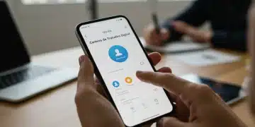 Smartphone exibindo o aplicativo da Carteira de Trabalho Digital, com fundo de escritório moderno, simbolizando a modernização dos registros trabalhistas.