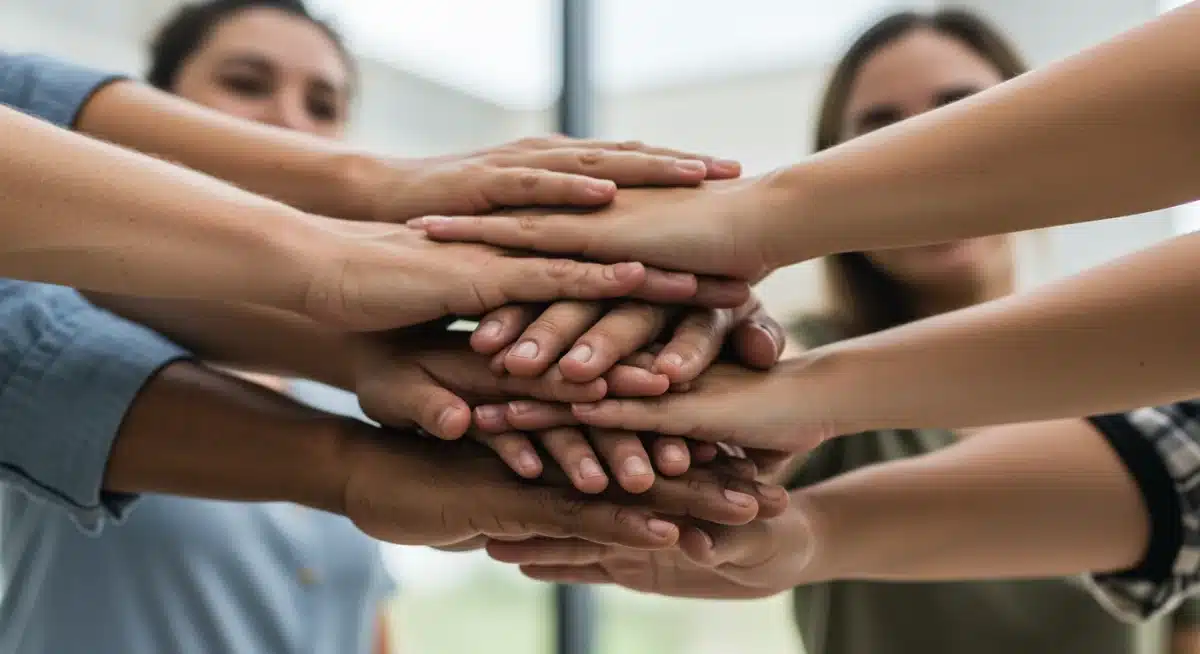 Mãos de diferentes pessoas se unindo, simbolizando colaboração e união em prol da comunidade.