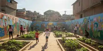 Crianças e adultos em um espaço comunitário revitalizado em uma favela brasileira, simbolizando o impacto positivo do desenvolvimento comunitário.