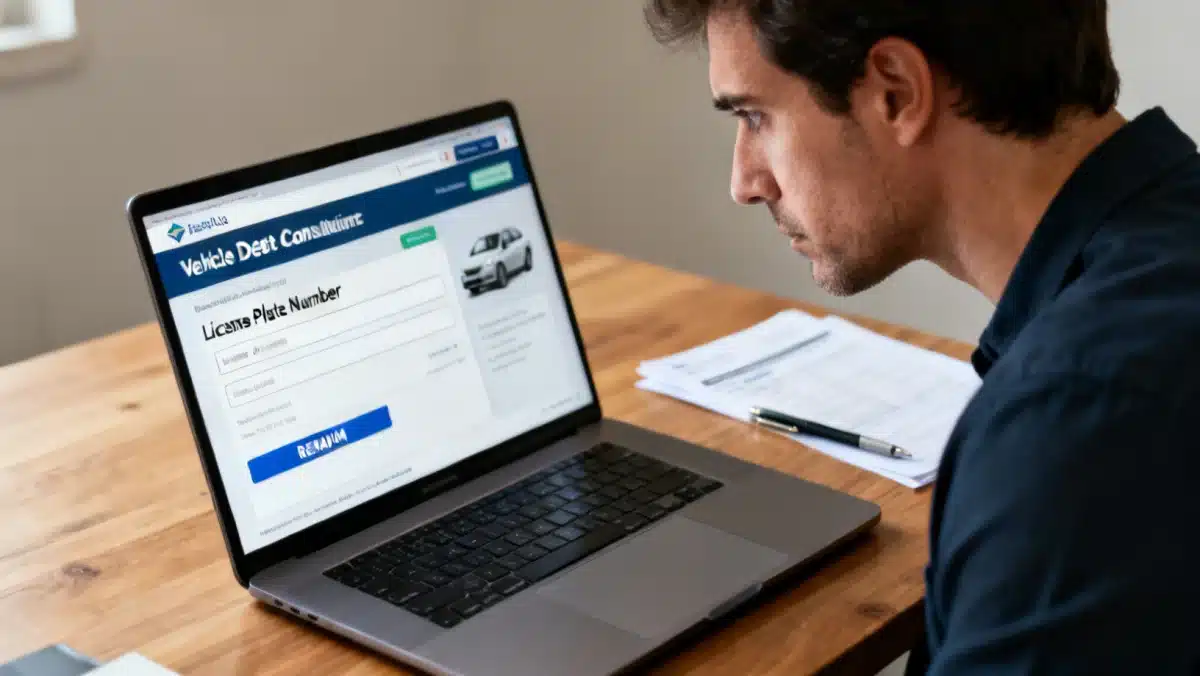 Pessoa consultando débitos veiculares online em um laptop, com foco na tela de consulta de IPVA e licenciamento.