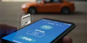 Tela de smartphone exibindo informações de consulta do IPVA 2026, com um calendário ao fundo e um carro desfocado, representando planejamento e pagamento de impostos.