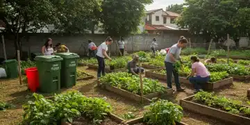 Horta comunitária vibrante em bairro brasileiro, com pessoas de todas as idades colaborando na jardinagem e compostagem.