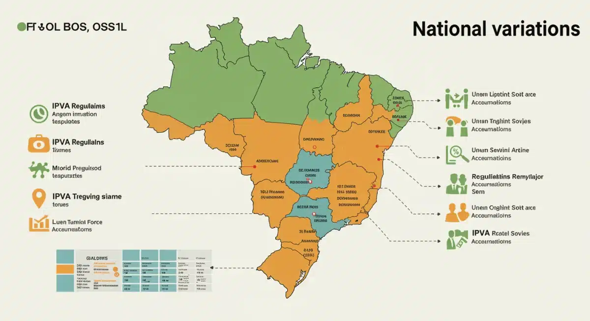Mapa do Brasil com ícones indicando as diferentes regras e prazos do IPVA 2026 por estado, ilustrando a diversidade regional.