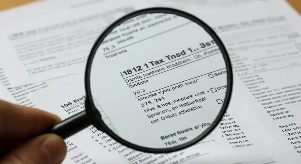 Lupa ampliando detalhes em um documento de Imposto de Renda, destacando a importância da revisão.