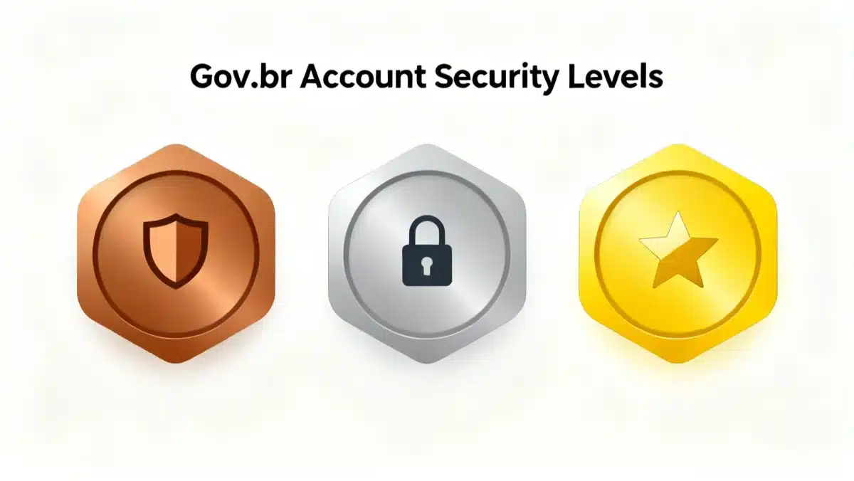 Ilustração de distintivos bronze, prata e ouro, representando os diferentes níveis de segurança da conta Gov.br.