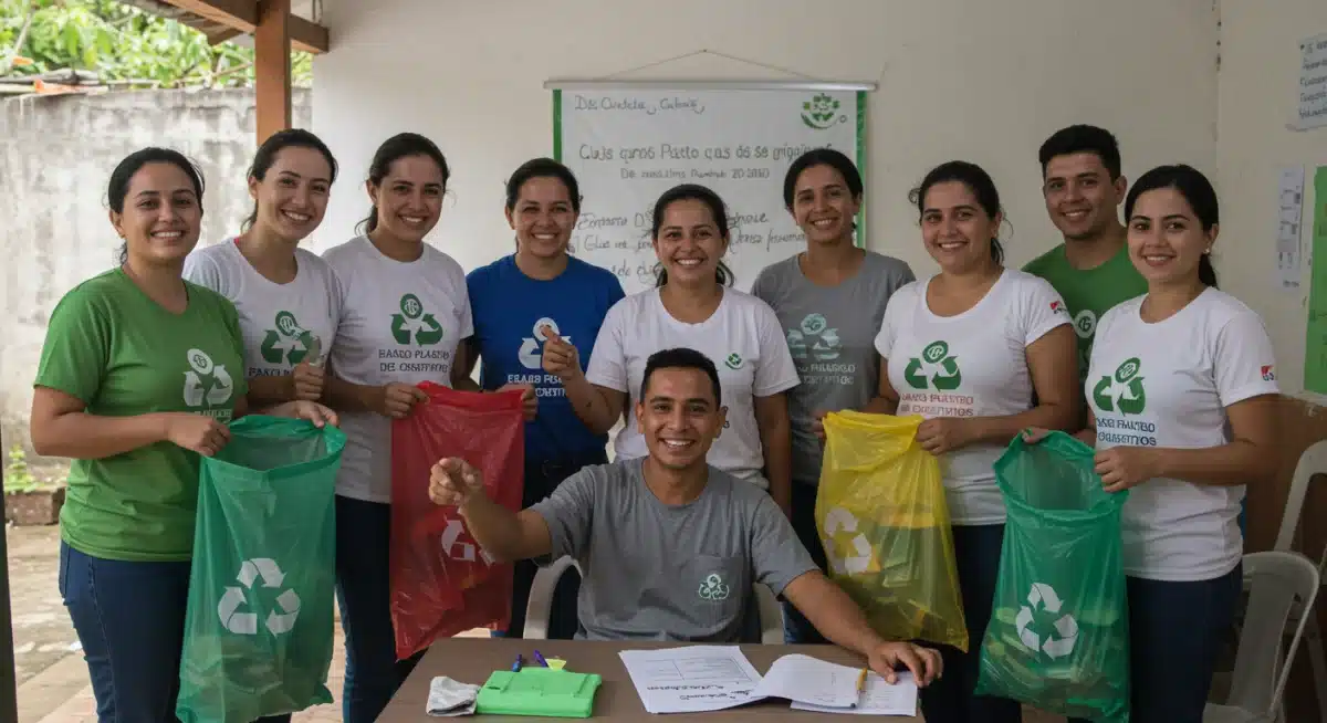 Moradores de bairro brasileiro aprendendo sobre segregação de resíduos em oficina comunitária.