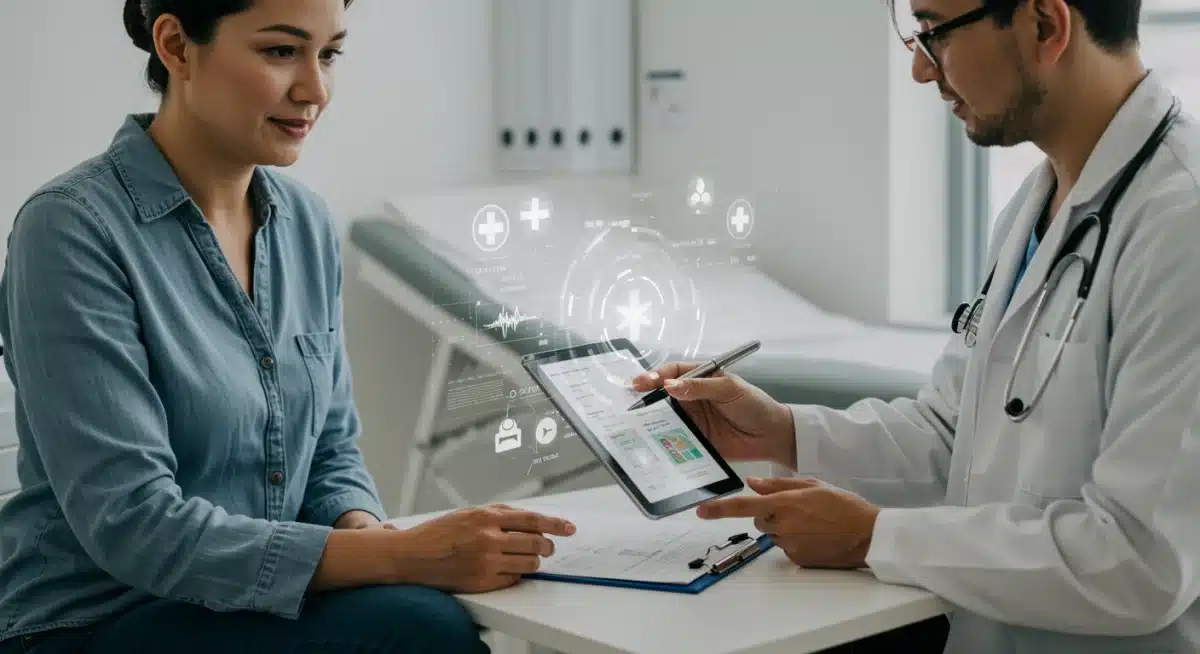 Paciente revisando prontuário eletrônico com profissional de saúde