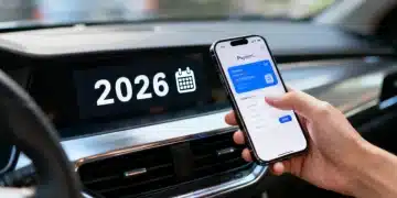 Painel de carro com calendário digital e mão consultando aplicativo de pagamentos para IPVA e Licenciamento 2026.
