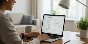 Pessoa consultando faturas de água e luz online em um notebook, em ambiente doméstico e moderno.