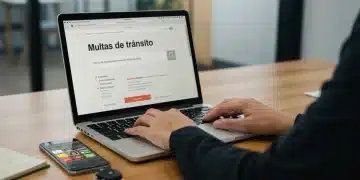 Pessoa consultando multas de trânsito em um laptop e smartphone, com chaves de carro na mesa.