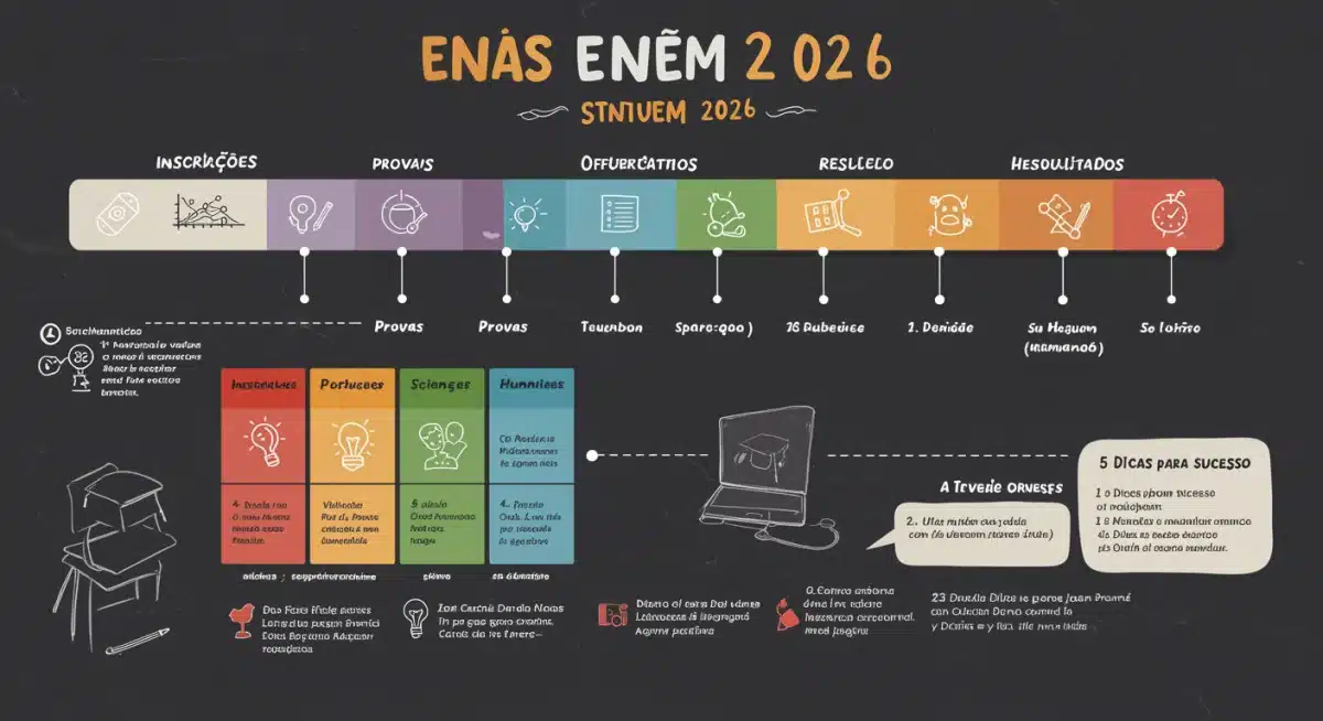 Infográfico de plano de estudos estruturado para o ENEM 2026 com cronograma e matérias.