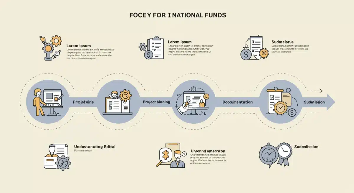 Infográfico detalhado sobre o processo de inscrição em editais de fundos nacionais para projetos sociais.