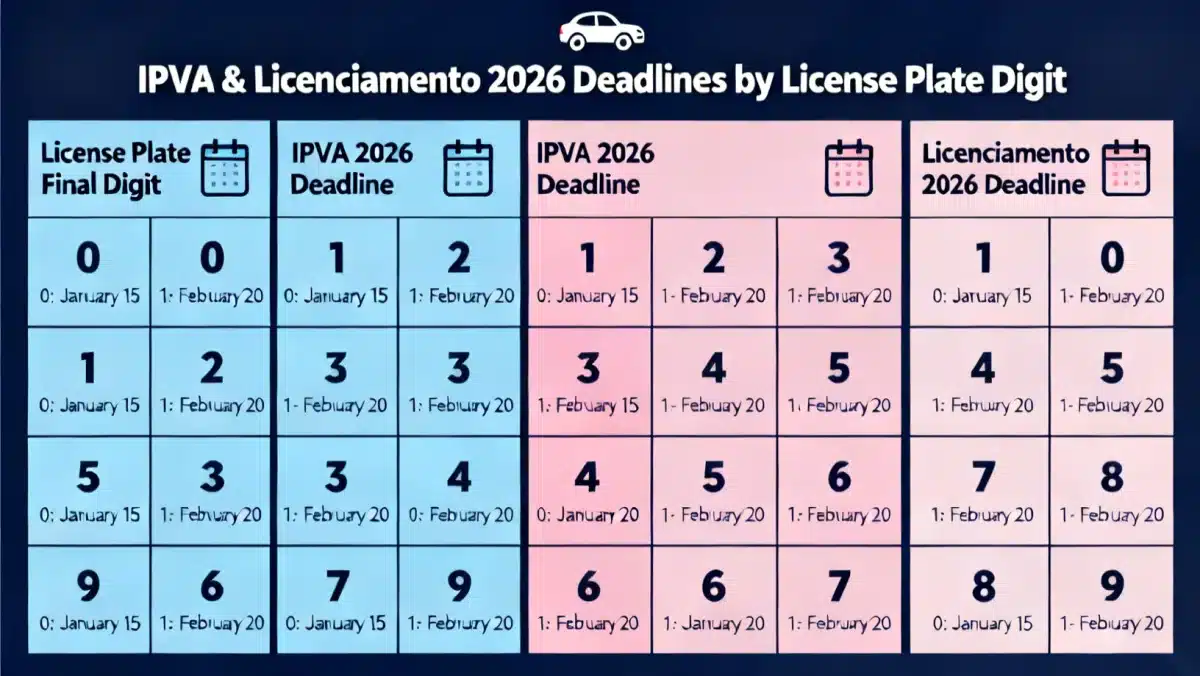 Tabela detalhada de vencimentos do IPVA e Licenciamento 2026 por final de placa, com meses e valores ilustrativos.