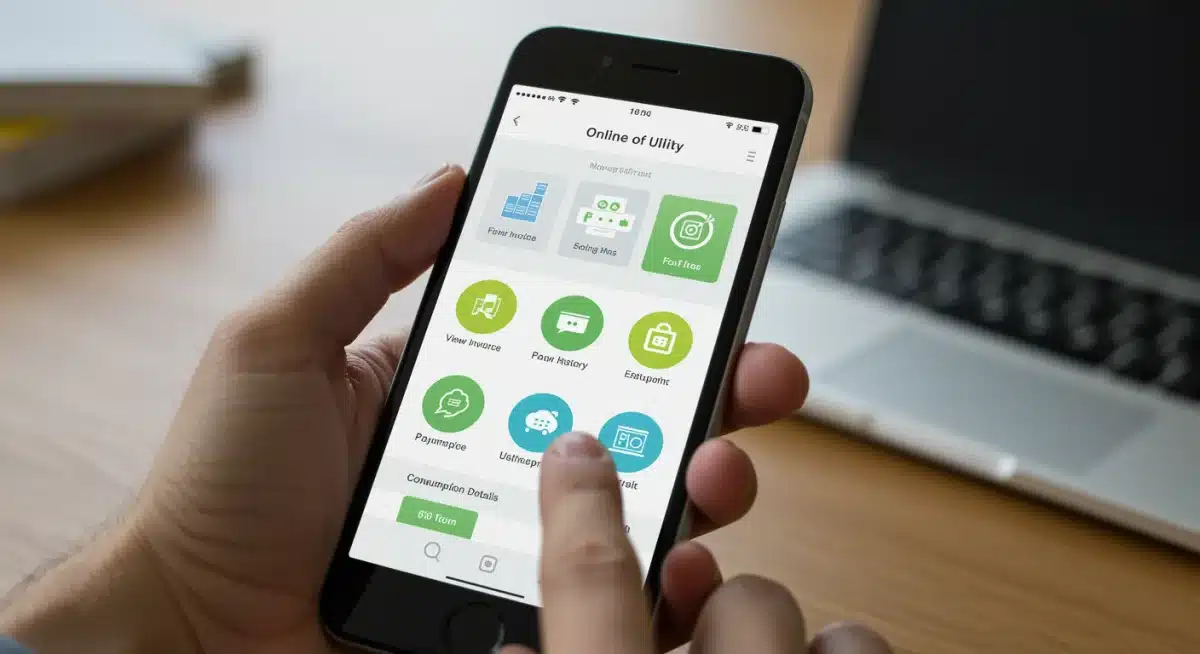Tela de smartphone exibindo um portal de serviços online para consulta de faturas de água e luz, com opções claras e acessíveis.