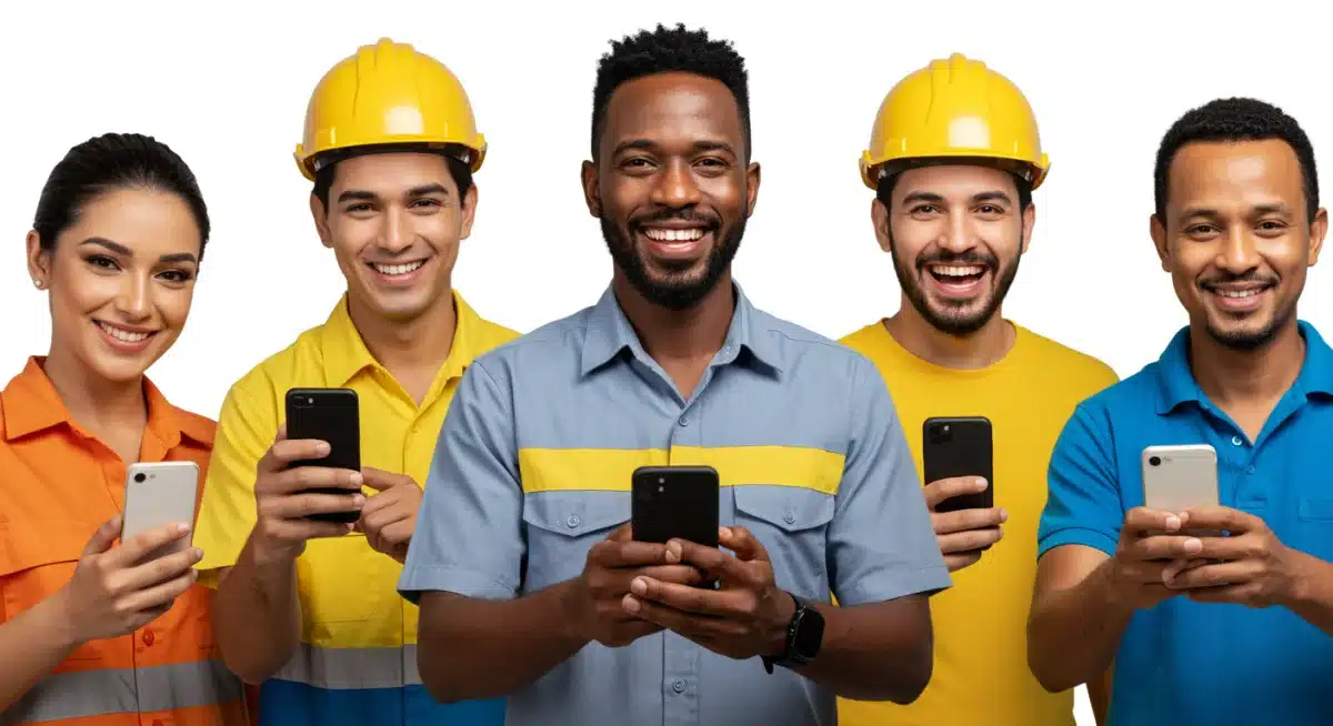 Grupo diverso de trabalhadores brasileiros sorrindo e usando smartphones, simbolizando o acesso fácil e a conveniência da Carteira de Trabalho Digital.