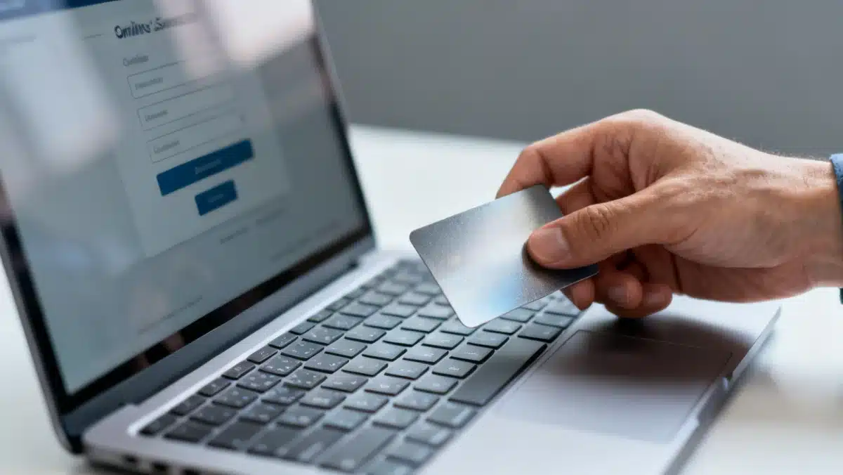 Mão segurando um cartão bancário sobre um teclado de laptop, simbolizando a verificação de identidade e transações seguras no ambiente digital.