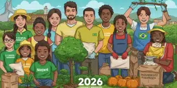 Pessoas diversas voluntariando juntas em atividades comunitárias no Brasil, simbolizando união e impacto social em 2026.