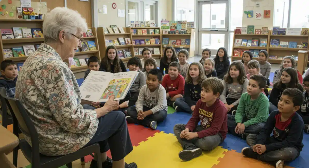 Idosa lendo para crianças em um centro comunitário, representando voluntariado na educação e apoio à leitura infantil.