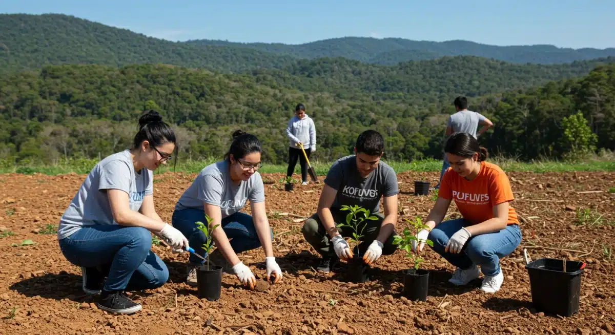 Jovens voluntários plantando árvores em uma área reflorestada, demonstrando ação ambiental e restauração da natureza.